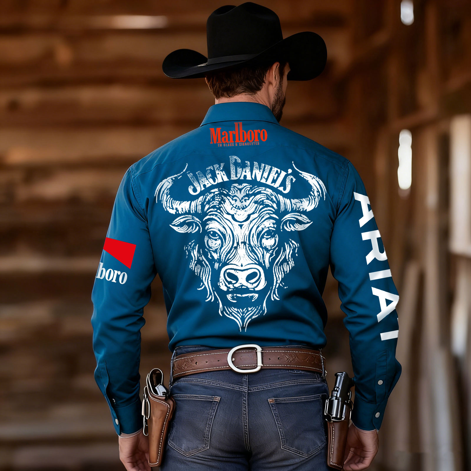 Western Cowboy Shirt With Bull Graphic And Brand Logos