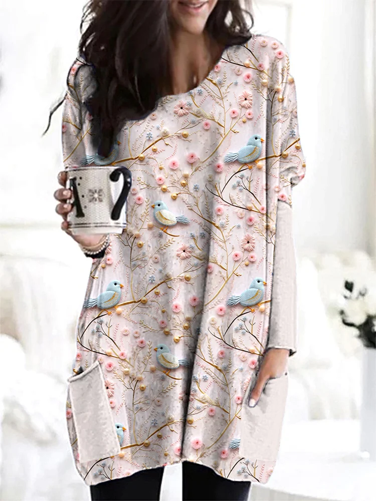 Comstylish Birds & Flowers Embroidery Art Casual Cozy Long T-Shirt