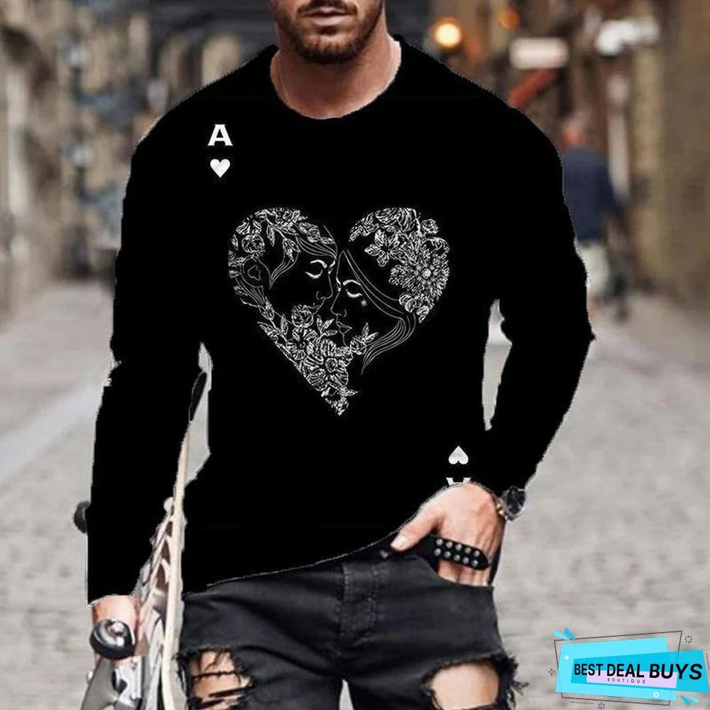 Men's Street Leisure Trend Poker Printed Flower Long Sleeve T-Shirt
