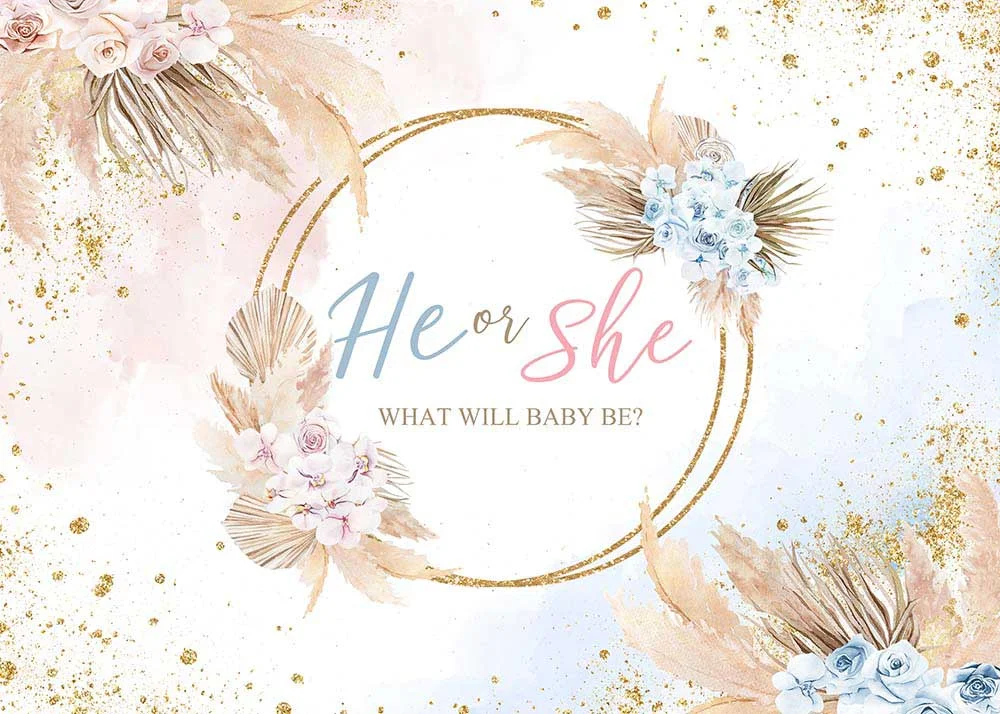 Boho Flowers He or She Gender Reveal Party Backdrop RedBirdParty