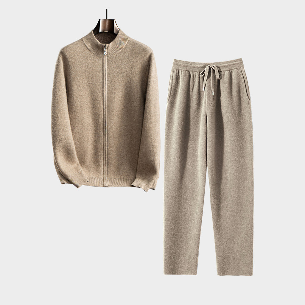 Men's Camel Cashmere Stand-Up Collar Knitted Cardigan and Pants Set | Modern Minimalist REAL SILK LIFE