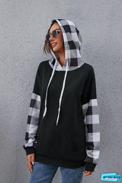 Plaid Drawstring Dropped Shoulder Hoodie