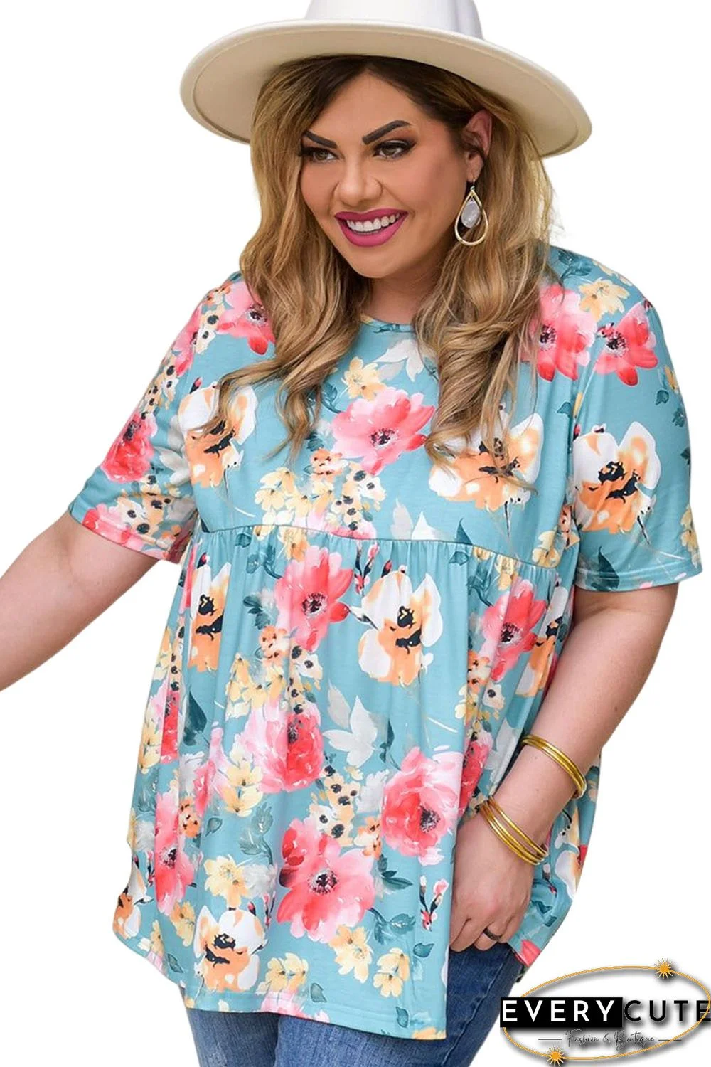 Sky Blue Plus Size Floral Print Short Sleeve Flowy Top