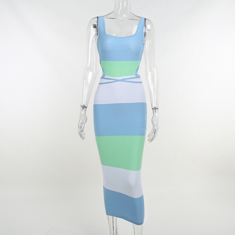 Ootddress Women Stripe Knitted Backless Sexy Bodycon Dress Bandage Contrast Color Spaghetti Strap Long Dresses Party Beach Summer 21 Ootddress Women Stripe Knitted Backless Sexy Bodycon Dress Bandage Contrast Color Spaghetti Strap Long Dresses Party Beach Summer