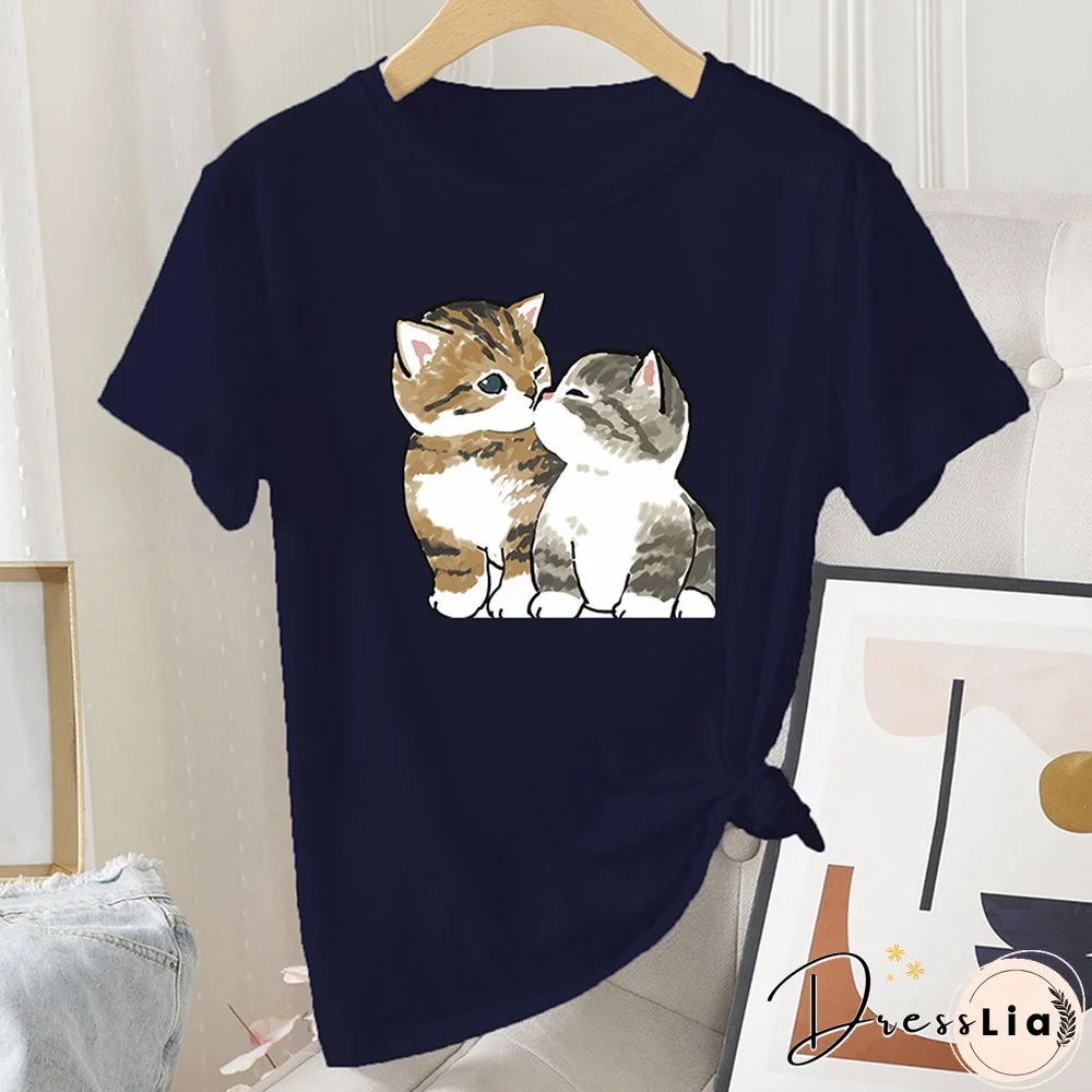 Summer Casual Daily 100% Cotton Short Sleeve Women Graphic Fashion T-shirt Little Cat Kiss Print Female Regular O-Neck Tees Tops