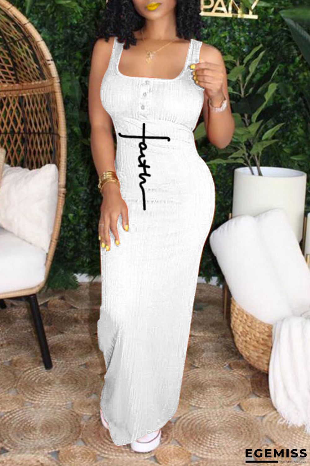 White Sexy Print Patchwork U Neck Straight Dresses | EGEMISS