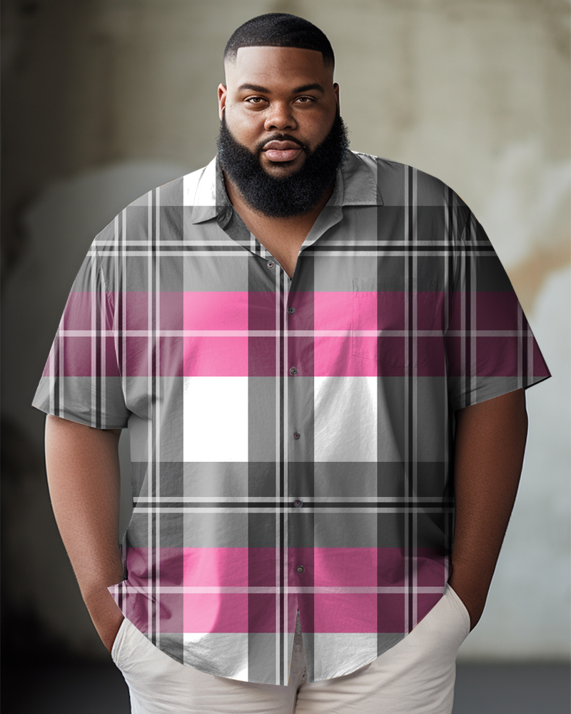 Men's Large Size Business Casual Pink And Gray Plaid Graphic Lapel Short-Sleeved Shirt