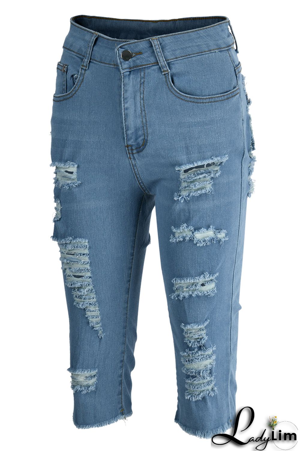 Blue Fashion Casual Solid Ripped High Waist Skinny Denim Shorts