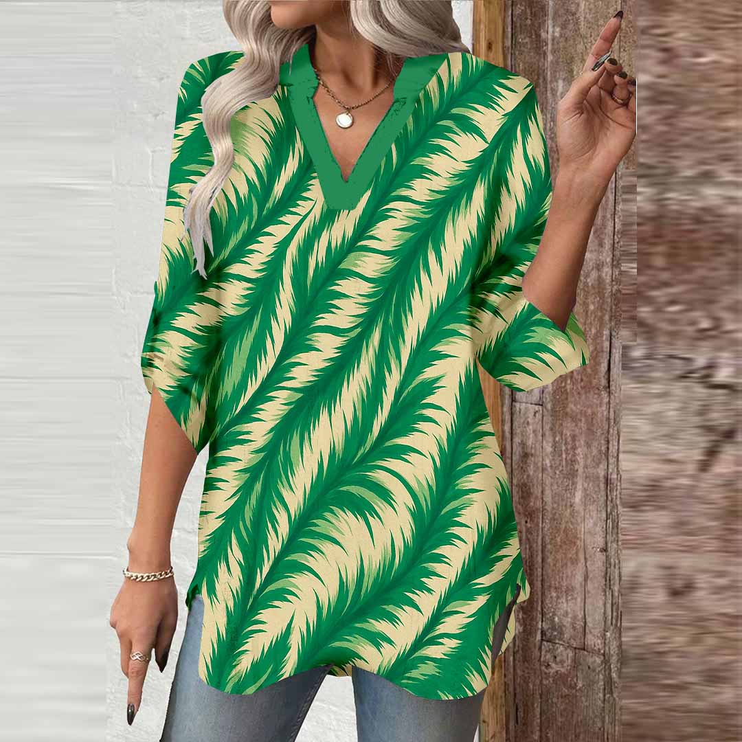 Women Leaves, Green DZGA0185 3/4 Sleeve V-neck Printed Graphic Button Tops