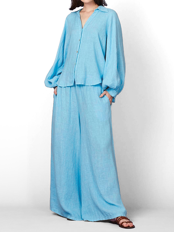 Long Sleeve Blouses Wide Leg Pant Two Piece Set