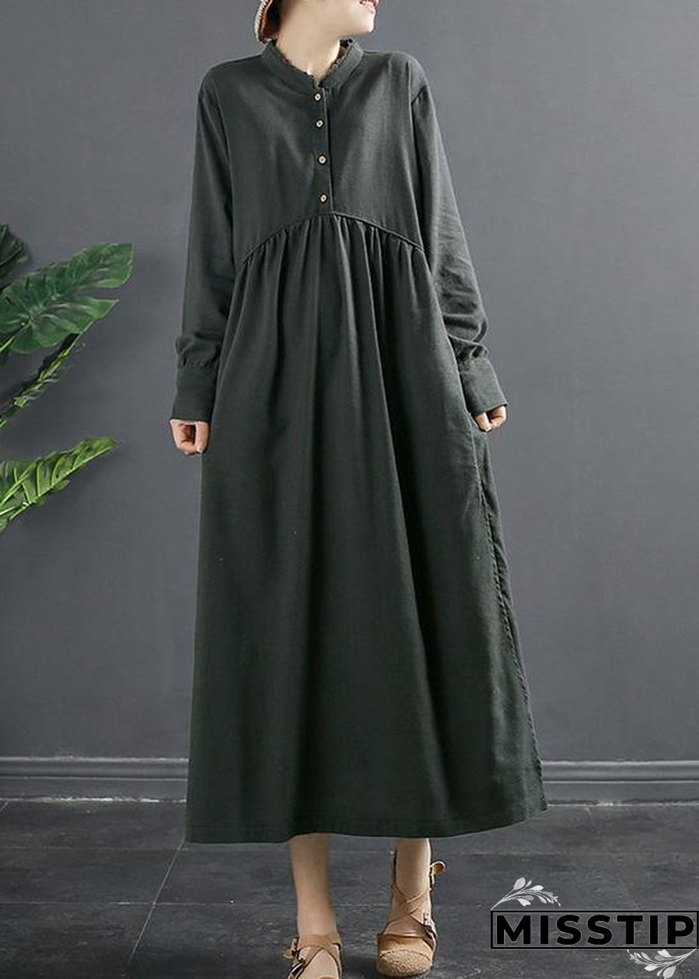 DIY Patchwork Cinched Clothes Tunic Gray Robes Dress - MissTip