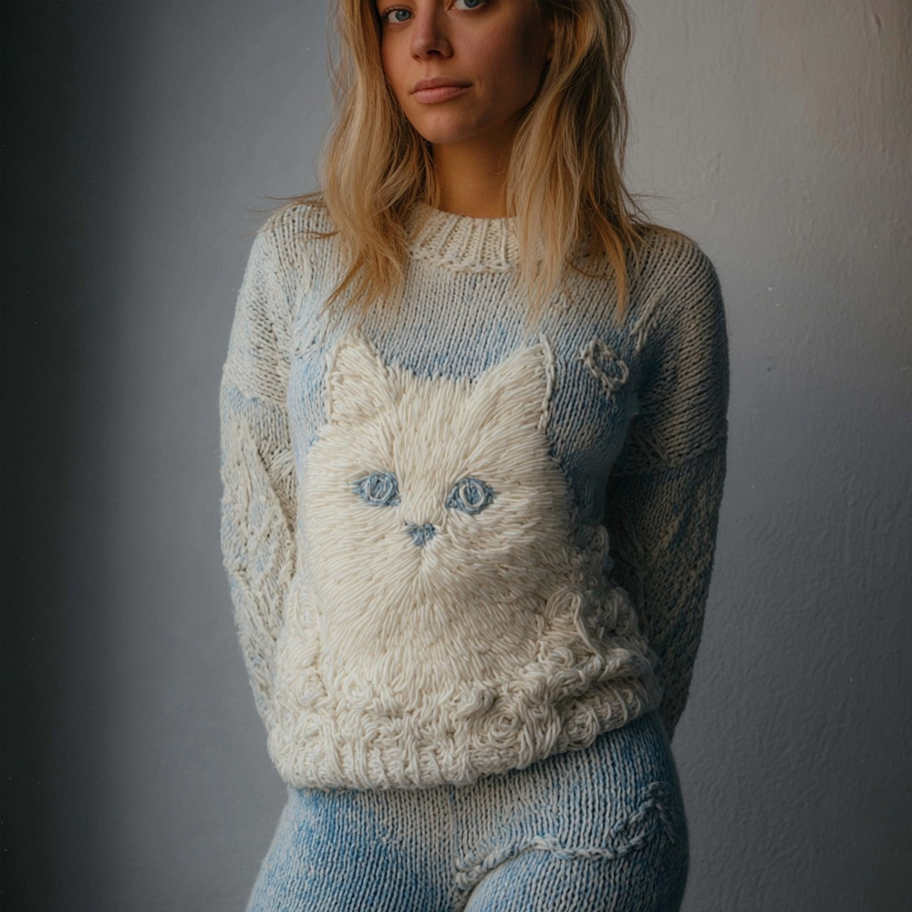 Cute Cat Face Embroidered Dyed Cozy Knit Sweater