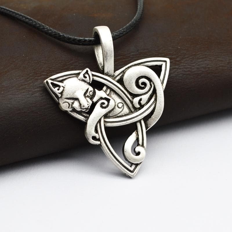 Celtic Cat on Triquetra Stainless Steel Necklace