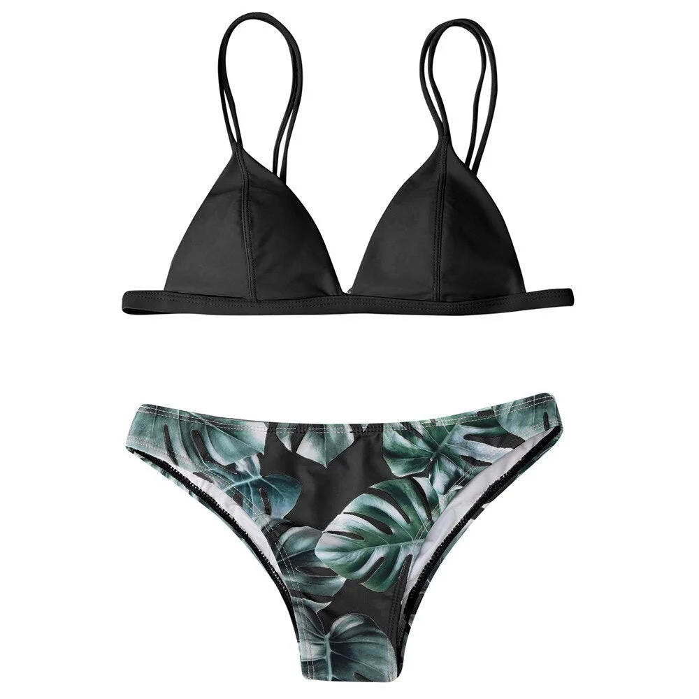 Women Split Swimwear Bikini Set Sexy Print Leaves Push-Up Padded Female Bather Wire Free Tankini Plavky Swimsuit Beachwear