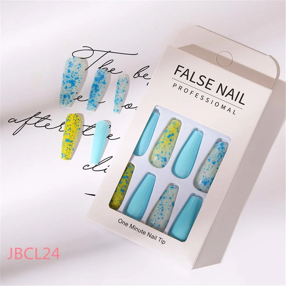 24 Pcs Long Design Ballet Coffin Fake Nails Sequins False Nail Artificial Plastic Press On False Nail Tips Manicure Nail Art