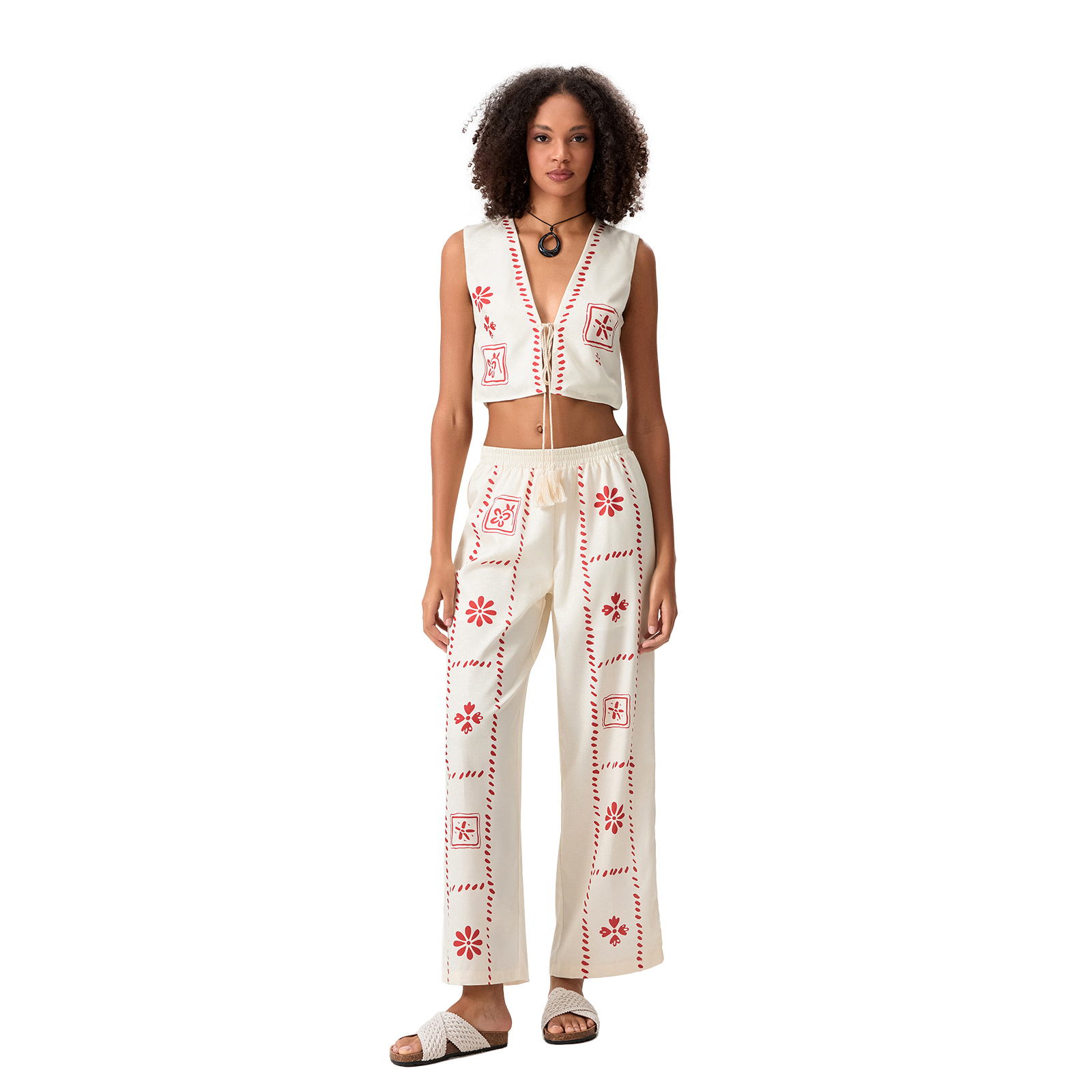 Niprack Women 2 Piece Outfits Retro Floral Print Tie Front Tank Tops and Wide Leg Pants Set Streetwear Y2K Aesthetic Clothes