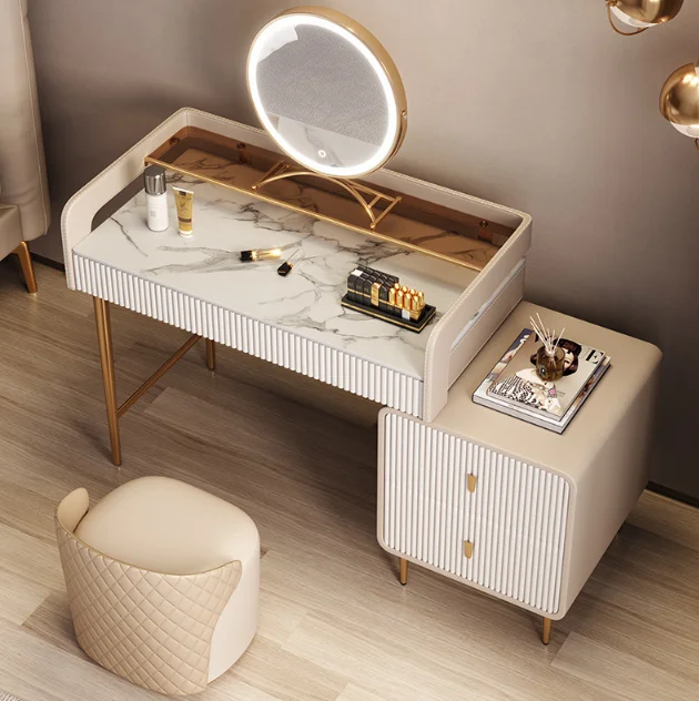 Homemys Minimalist Nappa Makeup Vanity Set with Gold legs & Stool & Cabinet & Mirror