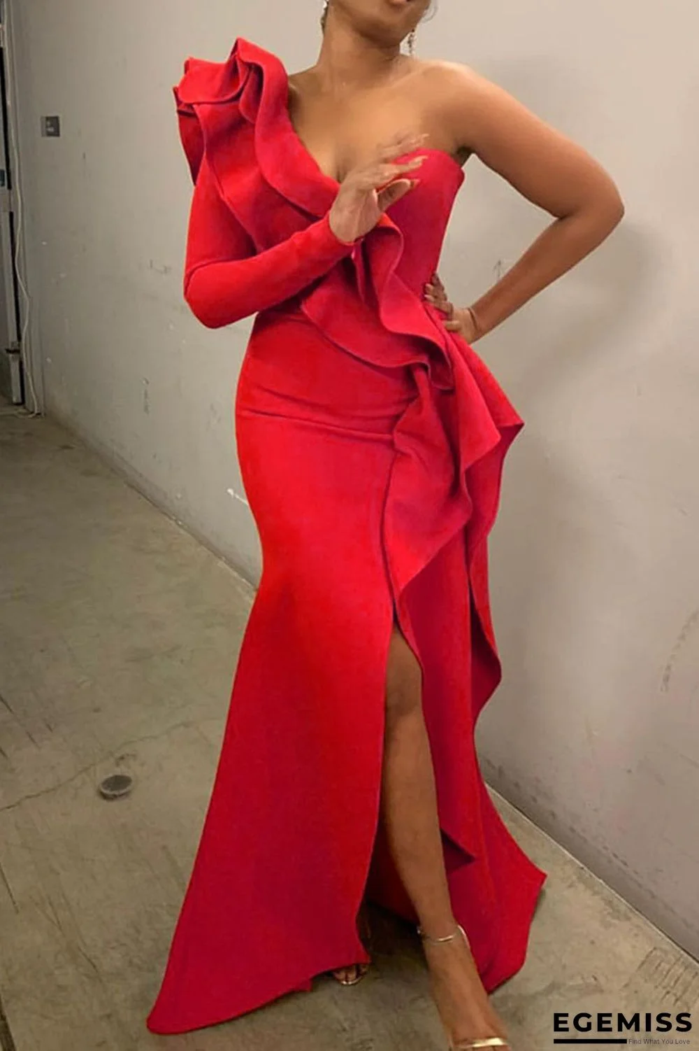 Red Fashion Sexy Solid Patchwork Slit One Shoulder Evening Dress Dresses | EGEMISS