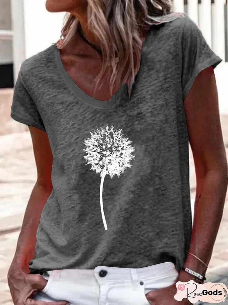 Short Sleeve Casual Dandelion Printed V Neck T-Shirt
