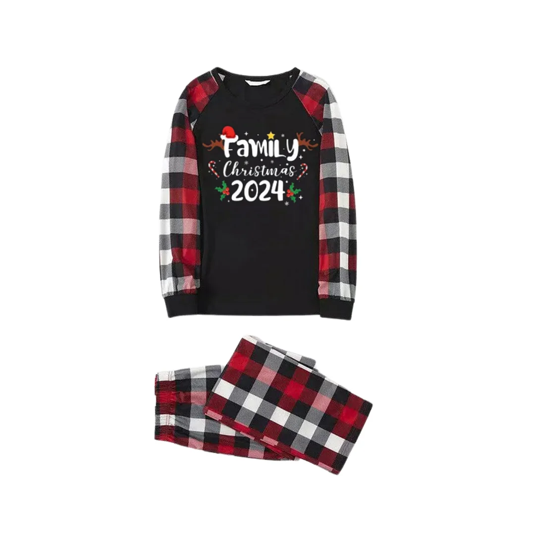 "FAMILY CHRISTMAS 2024" Text And Santa Hat & Snowflake Printed Pattern - Black Top with Red&Black&White Plaid Sleeves - Family Matching Pajamas
