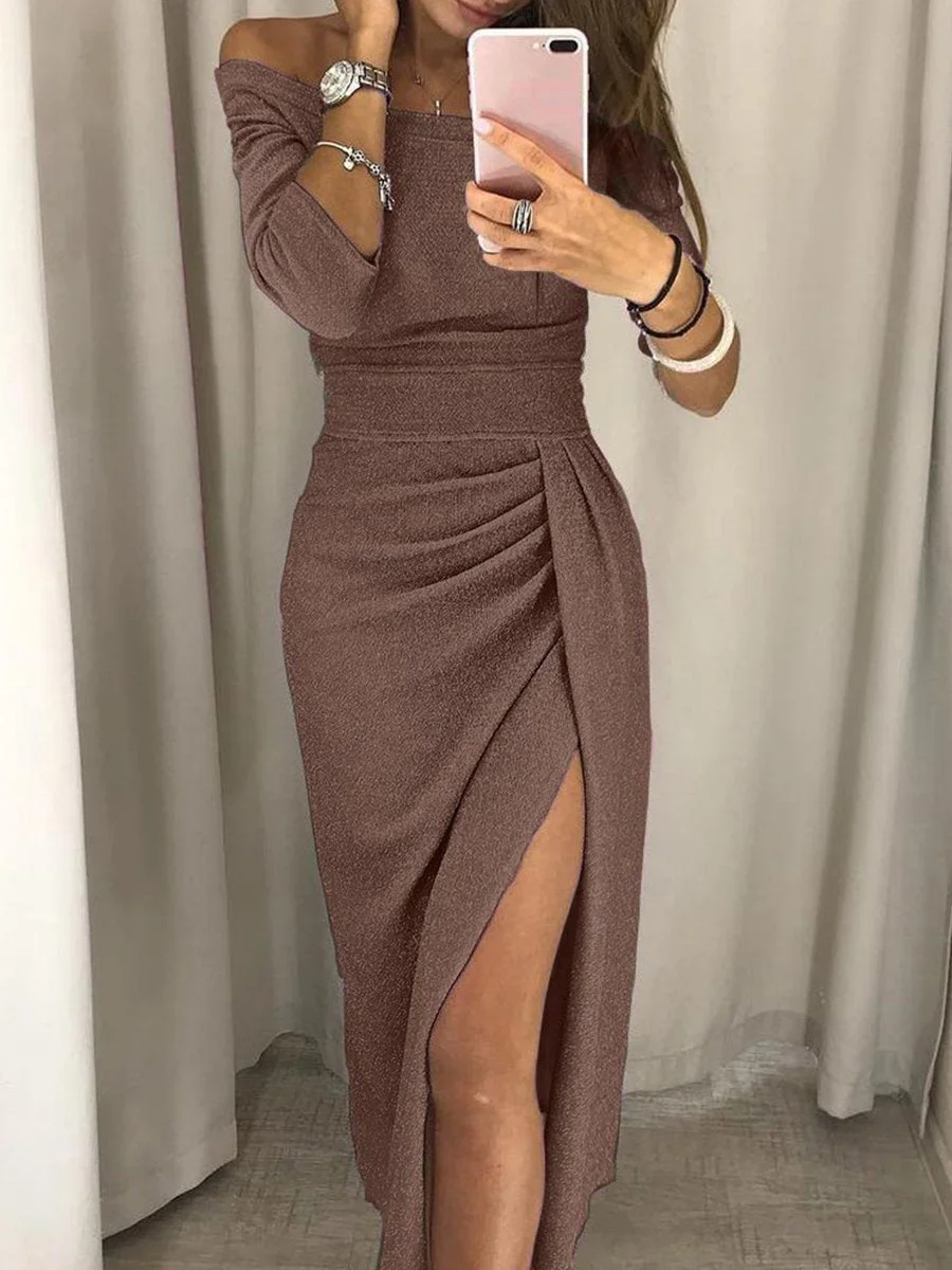 Fashion Off Shoulder Solid Color Bodycon Maxi Dress