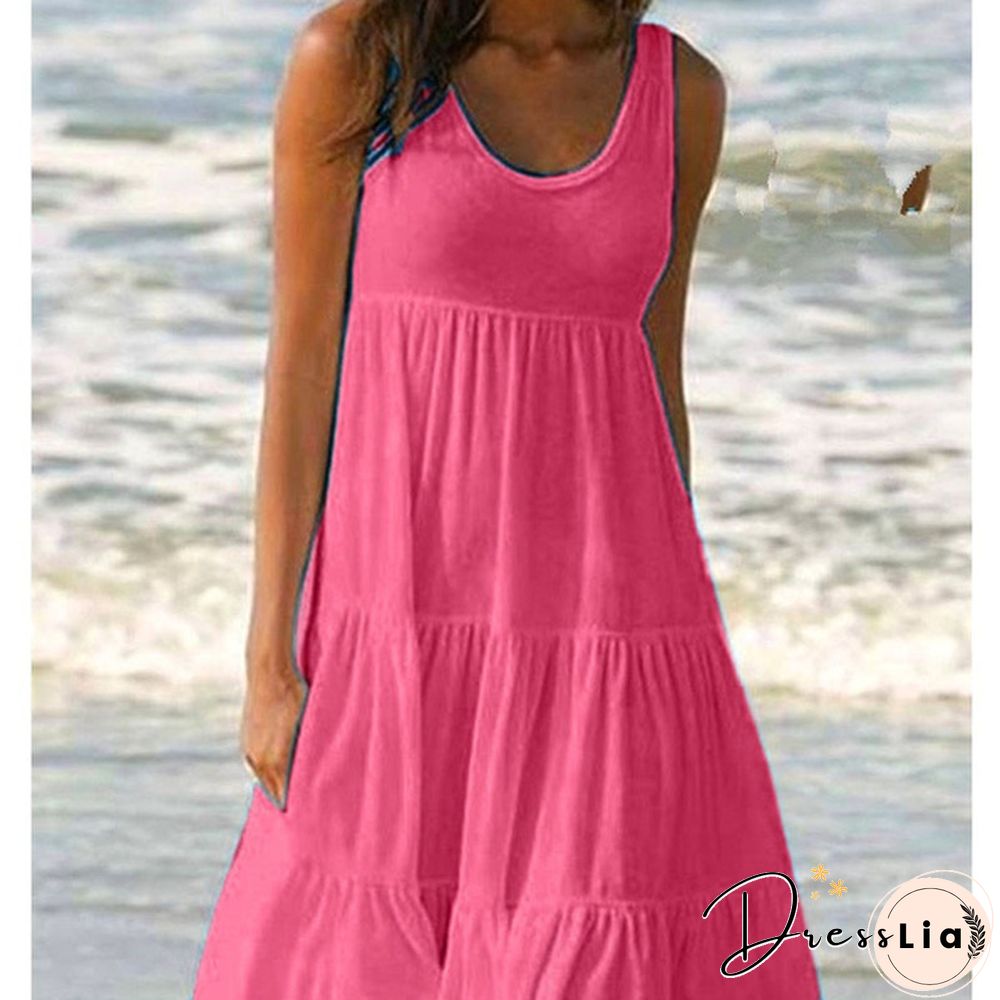 Summer Dresses Plus Size Fashion Clothes Women's Casual Tank Tops Party Beach Wear Loose Dresses Solid Color A-line Skirt Cotton Round Neck Off Shoulder Dress Ladies Pleated Halter Mini Dress Sleeveless Dresses