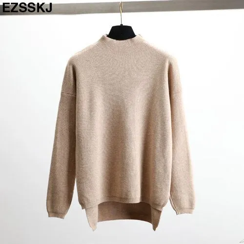 Korean Style Loose Sweater Women Pullover Casual Half Turtleneck Long Sleeve Oversized Knit Sweater Female Jumpers Split solid
