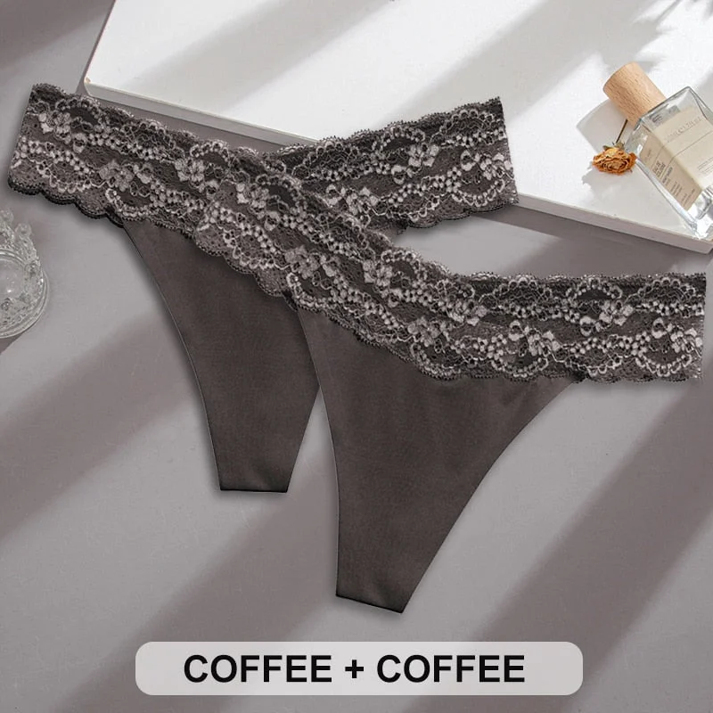 2PCS/Set Lace Panties Sexy Underwear Thong Women Panties G-String Panties Briefs Lingerie Floral V Waist Design Female Underpant