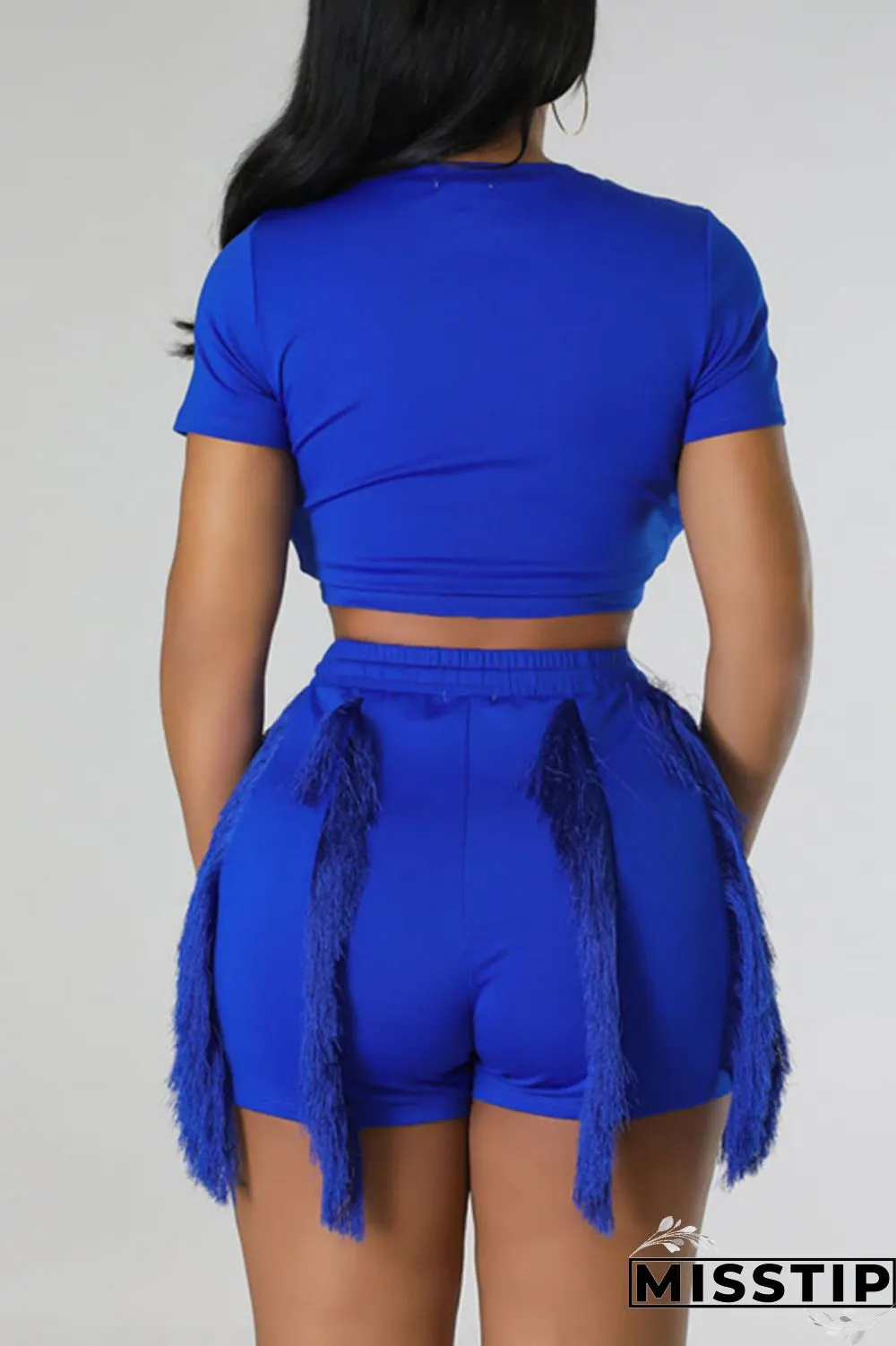 Blue Casual Solid Tassel Patchwork O Neck Short Sleeve Two Pieces