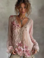 Vintage Boho Pink Lily Glitter Flowy Linen Tunic