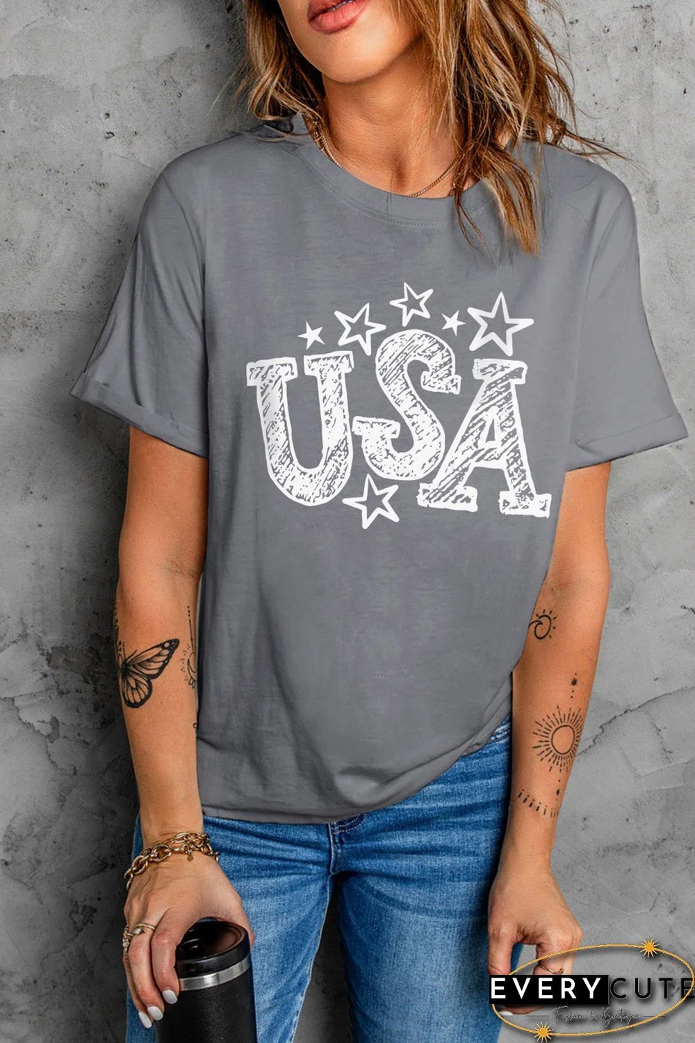 Gray USA Stars Graphic Print Short Sleeve Casual Tee