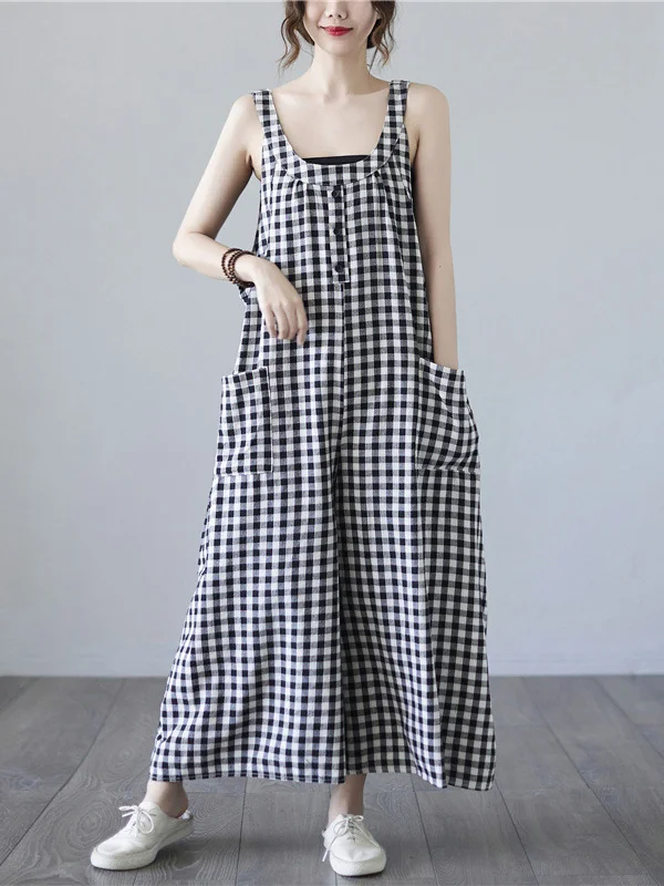 Original Simple Casual Artistic Retro Plaid Wide Legs Jumpsuits