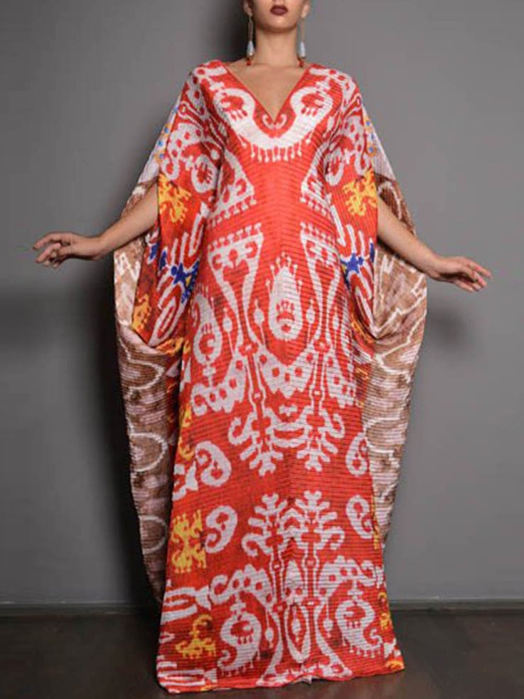 Red baggy printed women maxi dress
