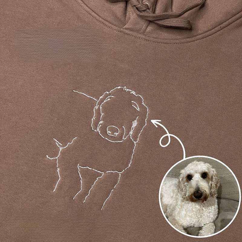 Pet Portrait Line Art Embroidered Hoodie Sweatshirt Customized Round Neck Fleece-lined Fall Winter