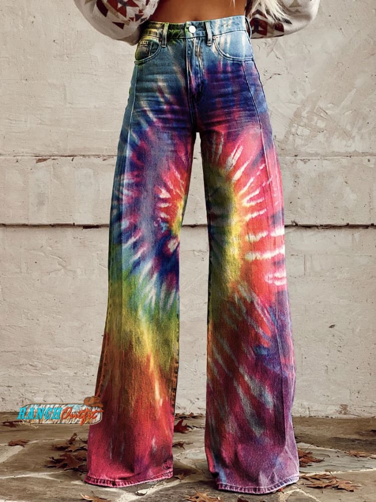 Women’s Vintage Print Casual Wide Leg Pants Multicolor / S