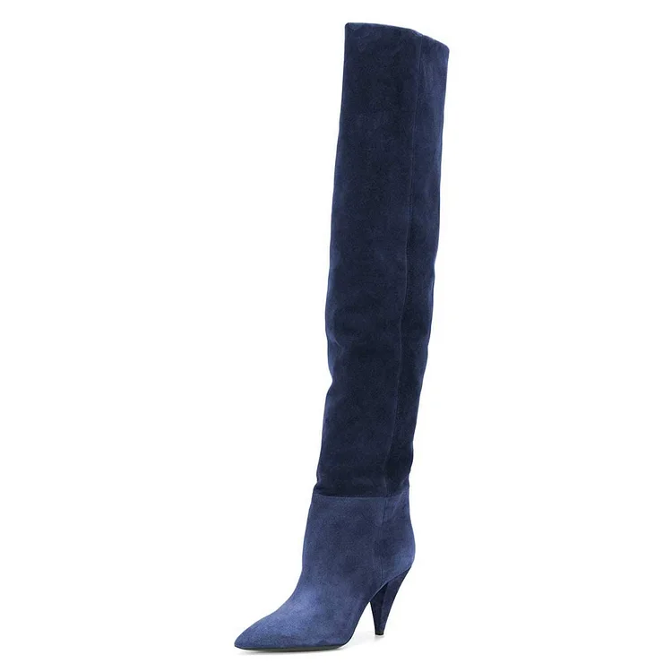 Stretchy Thigh High Boots with Mid Cone Heels in Black Suede Vdcoo