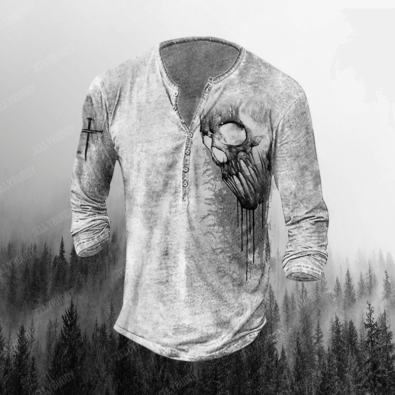 Mens Outdoor 3D Skull Long-Sleeved Henley Long Sleeve