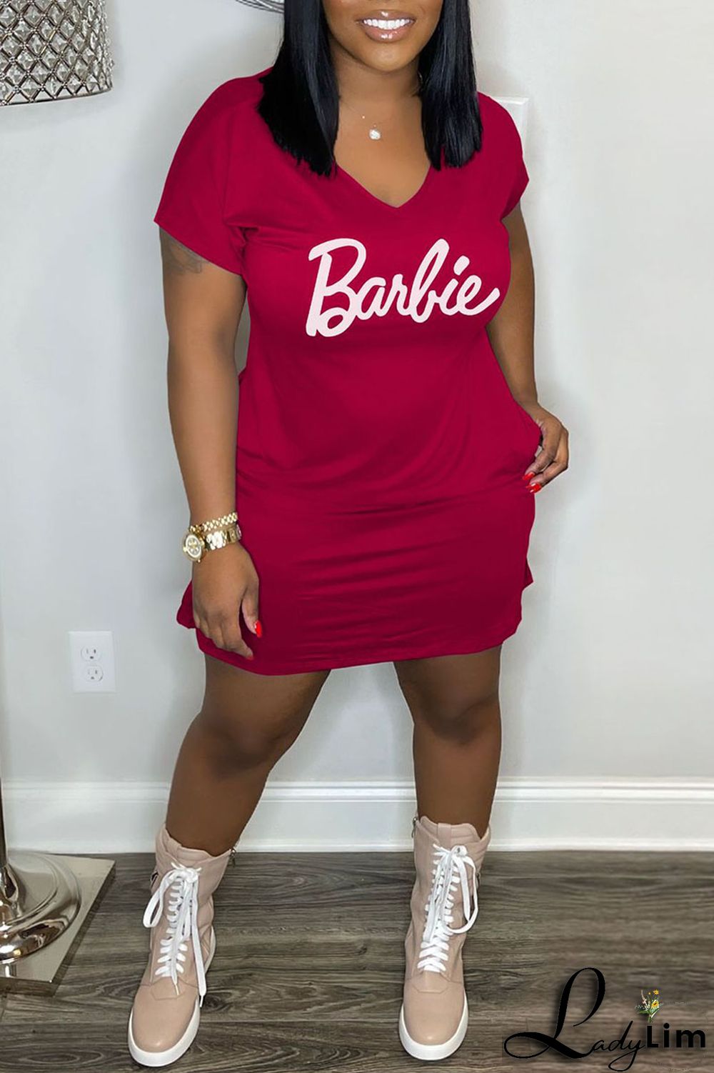 Pink Casual Print Patchwork V Neck Straight Dresses