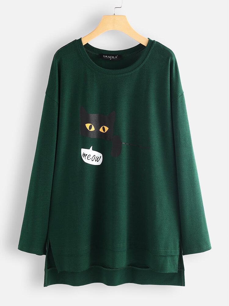 Casual Cat Print Crew Neck Long Sleeve Overhead T Shirt P1609802