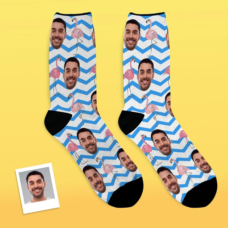 Custom Personalized Photo Pet Face Printed Funny Tropical Pink Flamingos Blue Zig Zag Socks