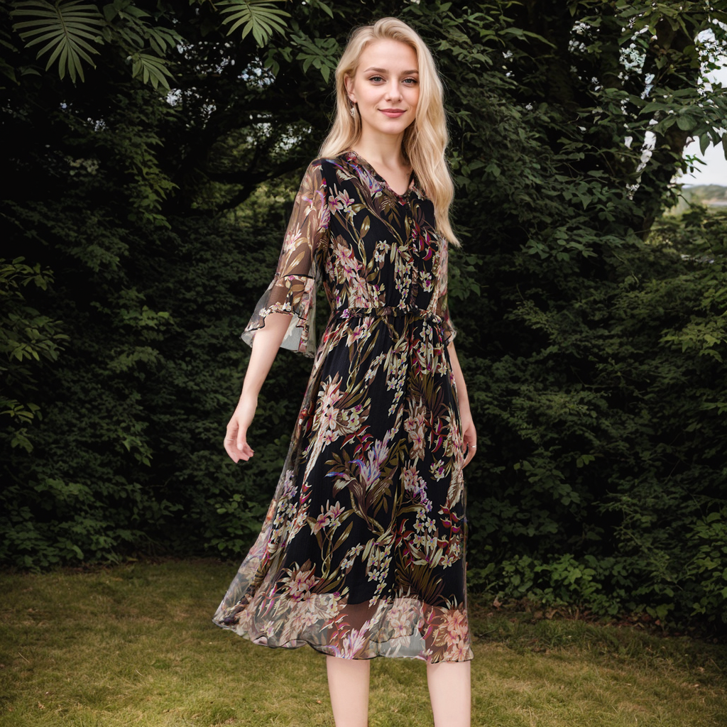 Black Silk V-Neck Dress Lightweight For Vacation REAL SILK LIFE
