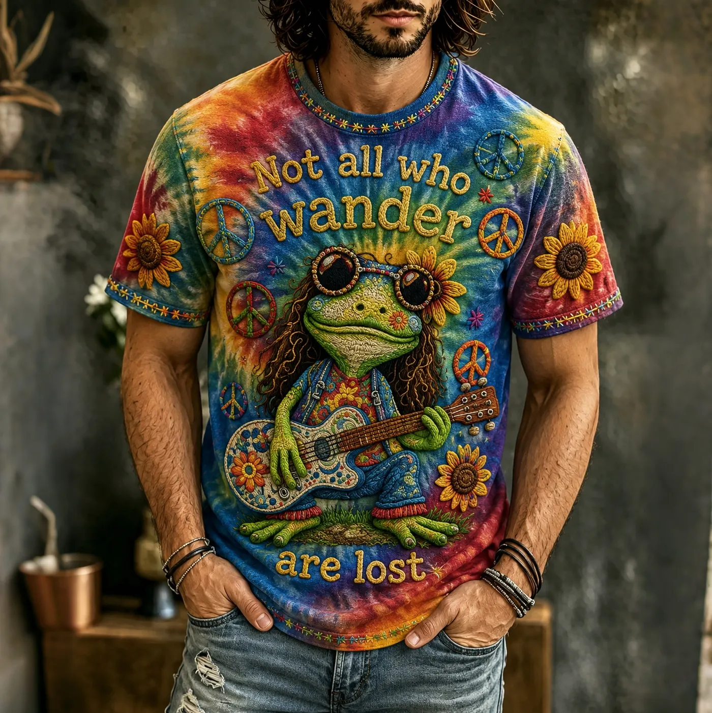 Men's Vintage Hippie Frog Pattern Art Embroidered T-shirt elevenforest