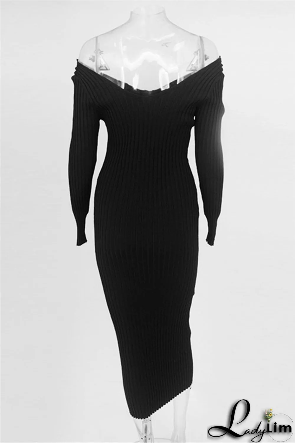 Black Fashion Casual Solid Basic V Neck Long Sleeve Dresses