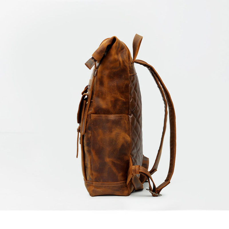 Side View of Woosir Leather Roll Top Backpack with Pockets