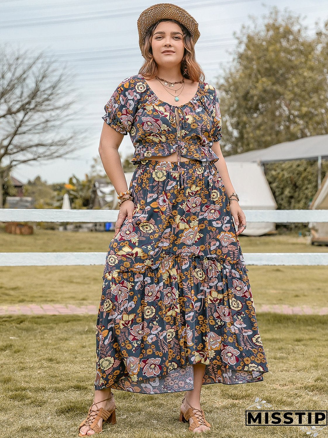 Plus Size Tie Neck Short Sleeve Top and Skirt Set