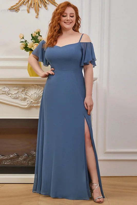 Dusty Blue Plus Size Long Chiffon Evening Dress With Ruffles - lulusllly