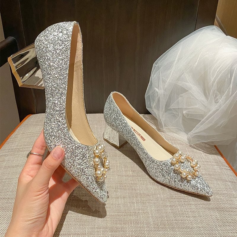 Yengm New Fashion Sequins with Crycle Pearl Beading Sexy Block Heels Banquet Party Women Shoes 41 42 43