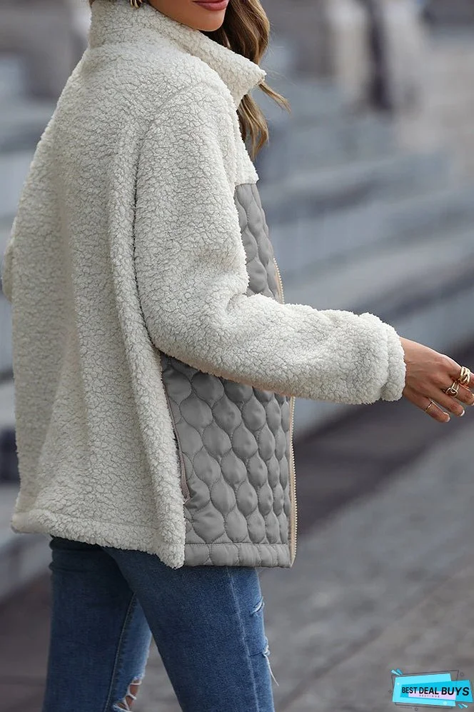 Color Block Leopard Patchwork Zipper Fleece Coat