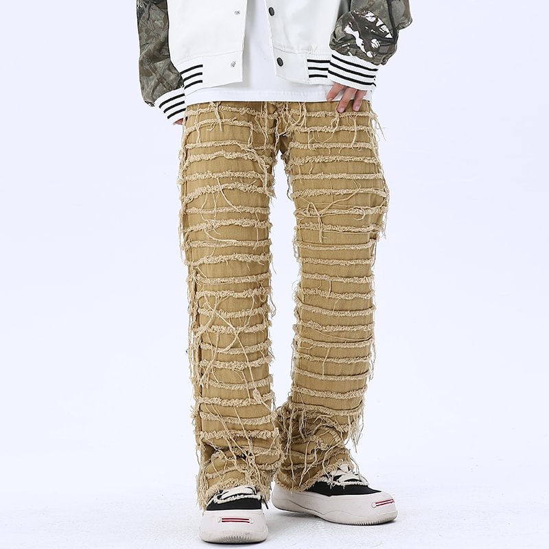 High Street Ripped Hip Hop Baggy Oversized Striped Tassel Men's Straight Jeans-VESSFUL