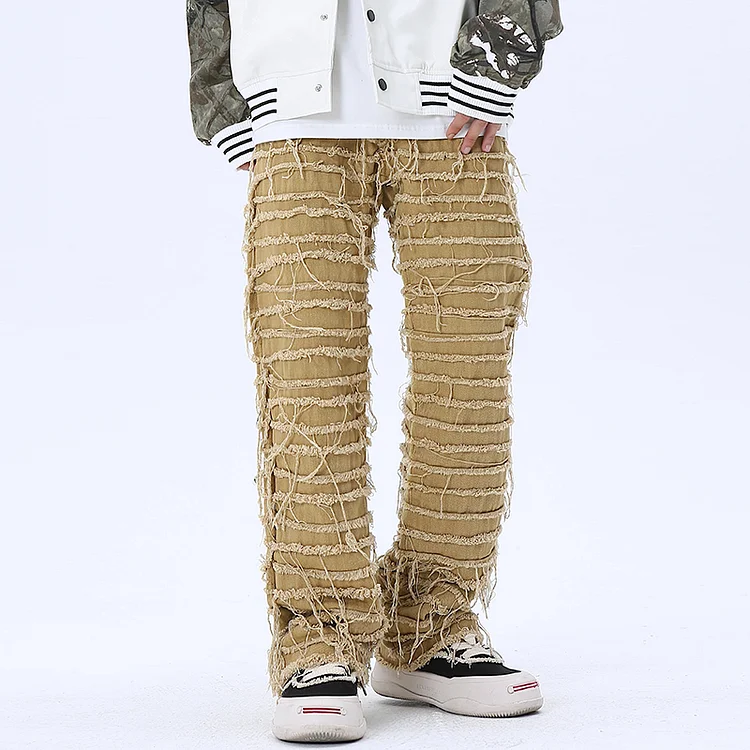 High Street Ripped Hip Hop Baggy Oversized Striped Tassel Men's Straight Jeans at Hiphopee